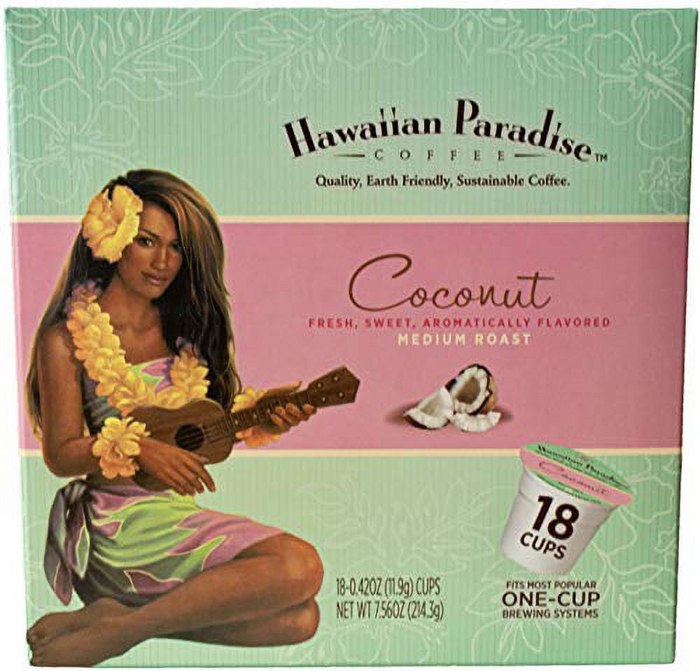 Hawaiian Paradise Coffee Coconut 18 Count Single Serve Cups - 100% Arabica Coffee - Medium Roast, Compatible with Keurig K-Cup Brewers.