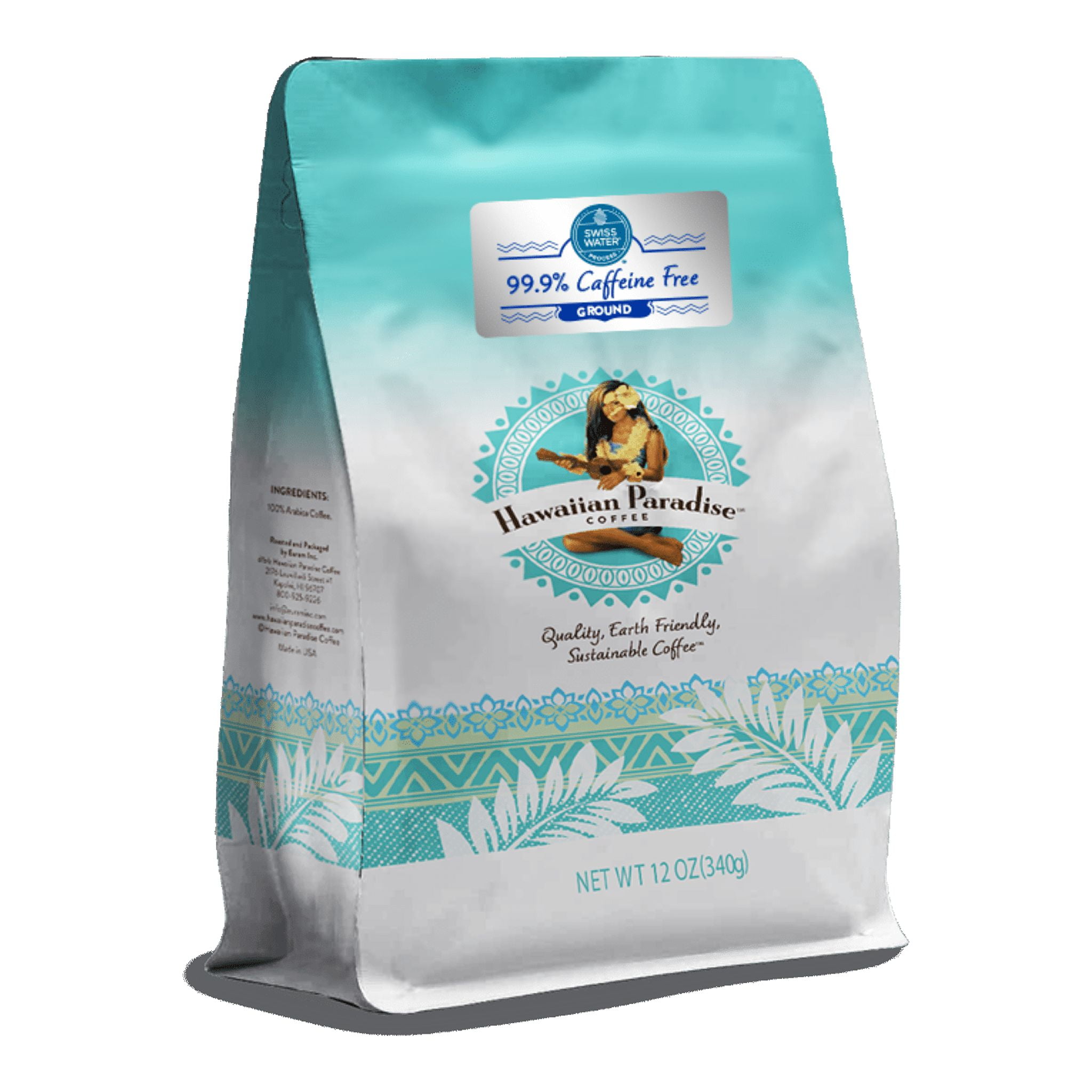 Hawaiian Paradise Coffee Ground 12oz. Bag- Swiss Water Process Decaf, 99.9% Caffeine Free, 100% Arabica Coffee Premium Rich Flavored Bold Signature Brewed Coffee from the Finest Beans