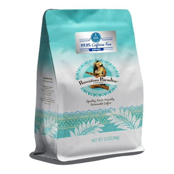 Hawaiian Paradise Coffee Ground 12oz. Bag- Swiss Water Process Decaf, 99.9% Caffeine Free, 100% Arabica Coffee Premium Rich Flavored Bold Signature Brewed Coffee from the Finest Beans