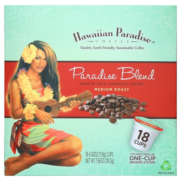 Hawaiian Paradise Coffee Paradise Blend Single Serve Cups - 18 Count - Medium Roast from 100% Arabica Beans - Compatible with Keurig K-Cup Brewers