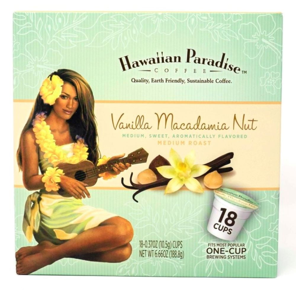 Hawaiian Paradise Coffee Vanilla Macadamia Nut Flavor Single Serve Cups (18 K Cups) – Medium Roast with an Amazing Aroma – Compatible with Keurig K-Cup Brewers