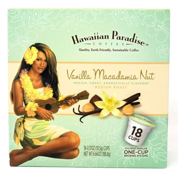 Hawaiian Paradise Coffee Vanilla Macadamia Nut Flavor Single Serve Cups (18 K Cups) Medium Roast with an Amazing Aroma Compatible with Keurig K-Cup Brewers