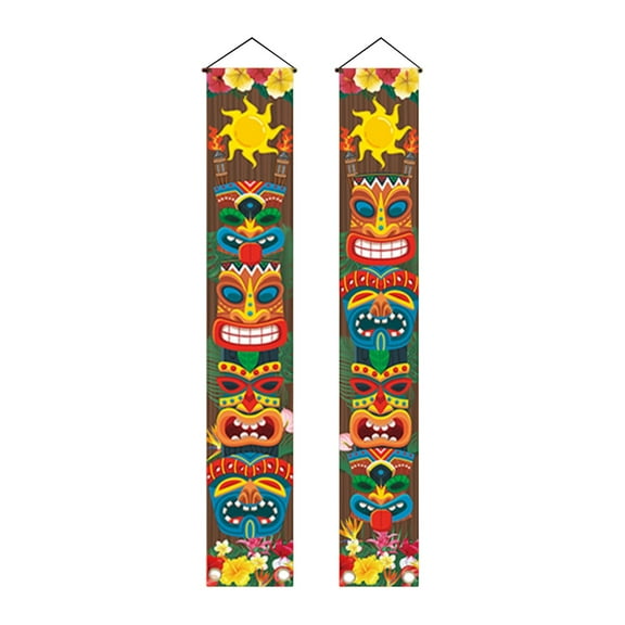 Hawaiian Party Decoration Banner, Luo Festival Couplet, Carnival Beach Party Hanging Flag With Totem Flowers Sun Torch Design, High-Quality Sturdy Fade-Resistant For
