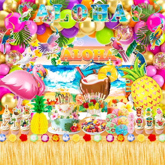 Hawaiian Luau Party Decorations, 139pcs Hawaiian Aloha Luau Party Decorations Set Including Tropical Aloha Luau Cupcake Toppers Banner Backdrop Balloon etc Aloha Birthday Decorations