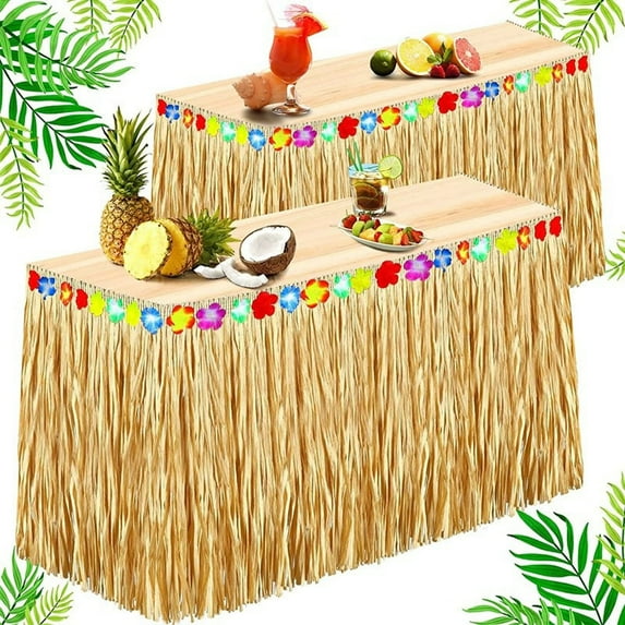 Hawaiian Party Grass Table Skirt - 75x275cm Reusable Waterproof Luau Decorations for Tropical Beach Summer Birthday Events, Durable Plastic Hawaiian Theme Party Supplies
