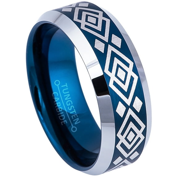 Hawaiian Pattern Design Beveled Tungsten Carbide Ring - Brushed Finish Blue IP Tungsten Wedding Band - Azctec Design Tungsten Ring - 14