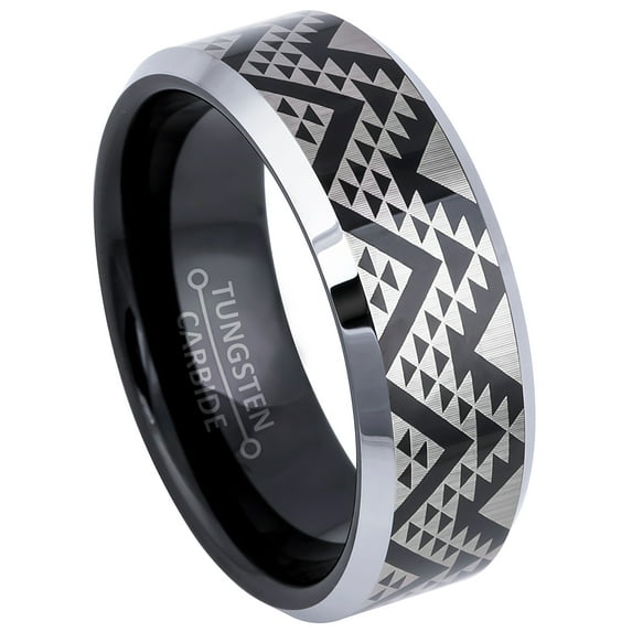 Hawaiian Pattern Design Tungsten Carbide Ring - Comfort Fit Polished Finish Tungsten Wedding Band - Azctec Design Tungsten Ring - 10