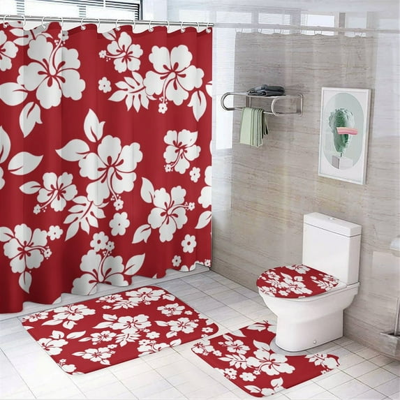 Hawaiian Pattern - Red Shower Curtain Set Modern Bathroom Decor Mats 4pcs Fabric Bathroom Curtain Slip Floor Rug Toilet Lid