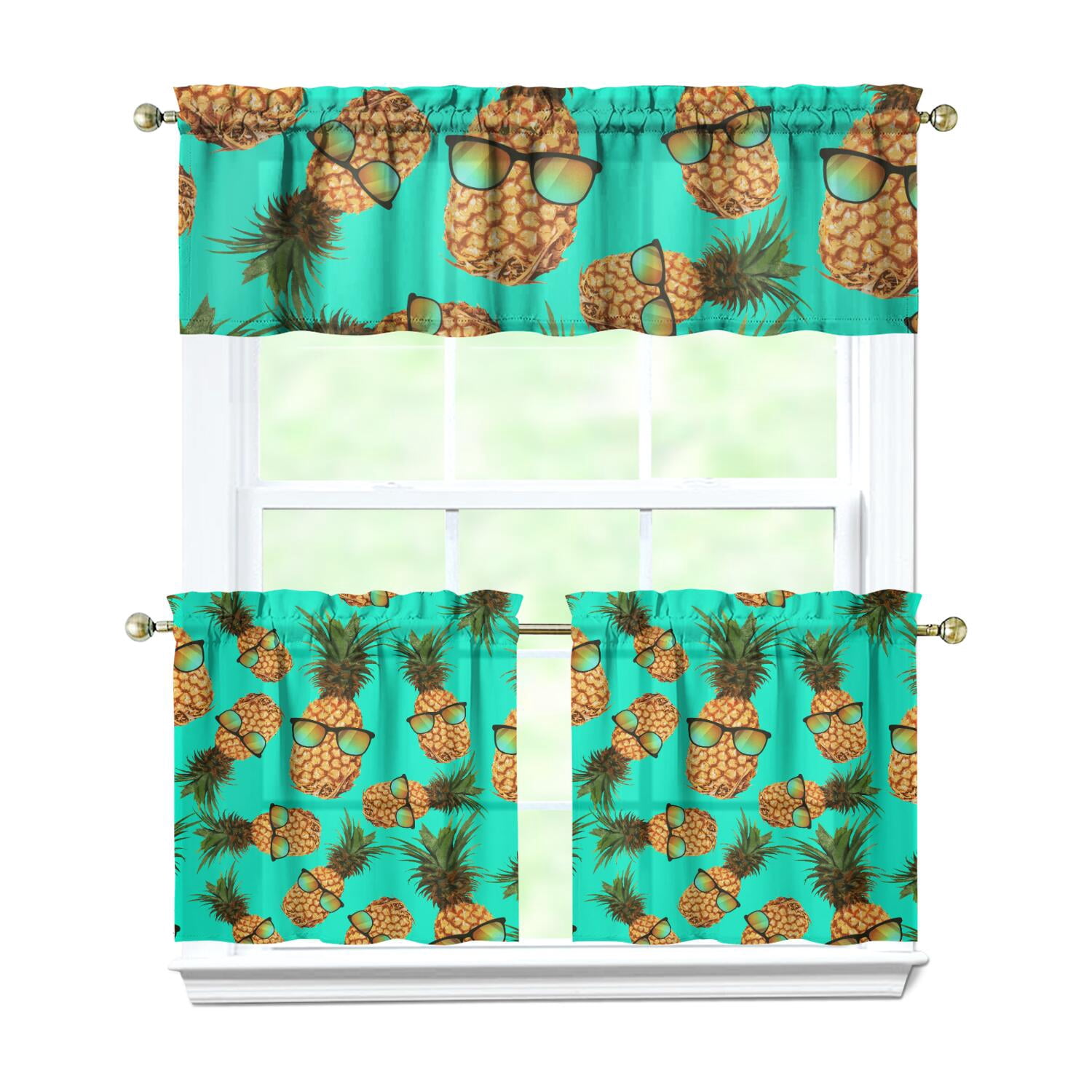 Hawainn Pattern Window Hawaiian Pineapple Curtains Set of 3 - Tropical Fruit Print Tier ...