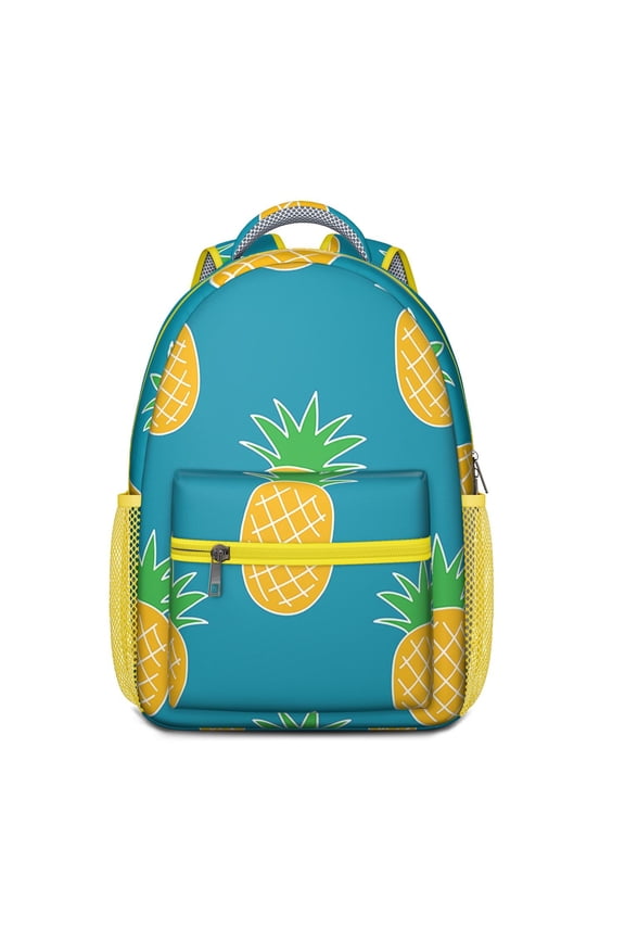 Hawaiian Pineapple Print School Backpack with Tropical Exotic Fruit Yellow Golden Summer Flowers for Elementary Use
