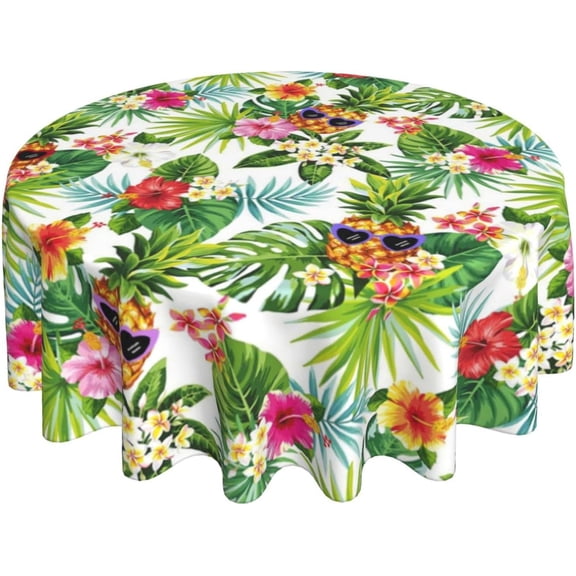 Hawaiian Pineapple Tropical Round Tablecloth Palm Leaves Tablecloth Washable Reusable Decoration Table Cover for Home Party Picnic 60 Inch