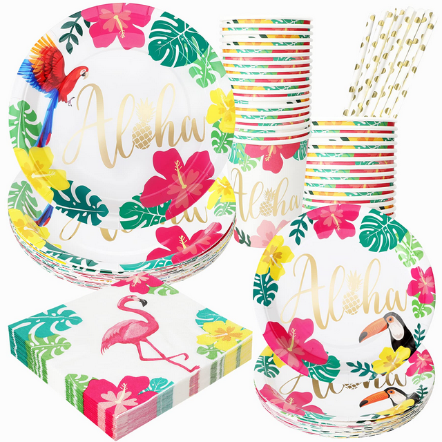 Hawaiian Plates and Napkins Set, 24 Pack Disposable Tropical Luau Paper