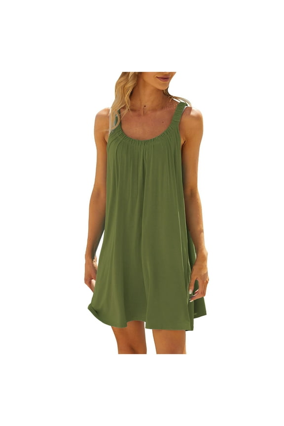 Hawaiian Pleated Tropical Basic Beach Brunch for Ladies Summer Fall Sleeveless Slip Crewneck Mini Petite Loose Fit Dresses Juniors 2025 Clothes