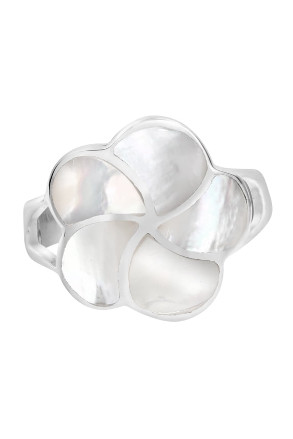 Hawaiian Plumeria Flower White Seashell Inlay Sterling Silver Floral Ring for Female Anniversary Size-6