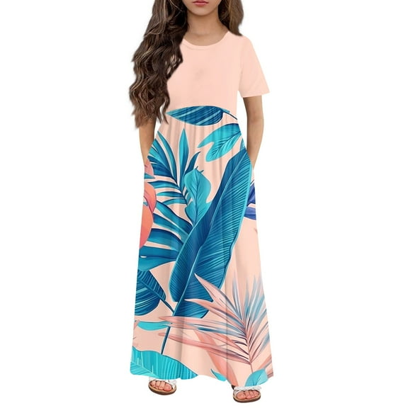Hawaiian Plus Size Spring Girls Dresses Size 10-12 Palm Tree Graphic Crew Neck Tshirt Dress Patchwork Dress Girl Short Sleeve Beach Dress 2025 Summer Cute Dresses with Pockets,Light Blue 13-14 Years