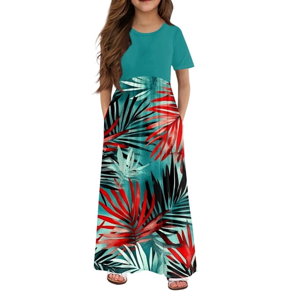 Hawaiian Plus Size Summer Toddler Dress Palm Tree Graphic Crew Neck T Shirt Dress Patchwork Dress Girl Short Sleeve Vacation Dress 2025 Spring Casual Dress with Pockets,Army Green 13-14 Years