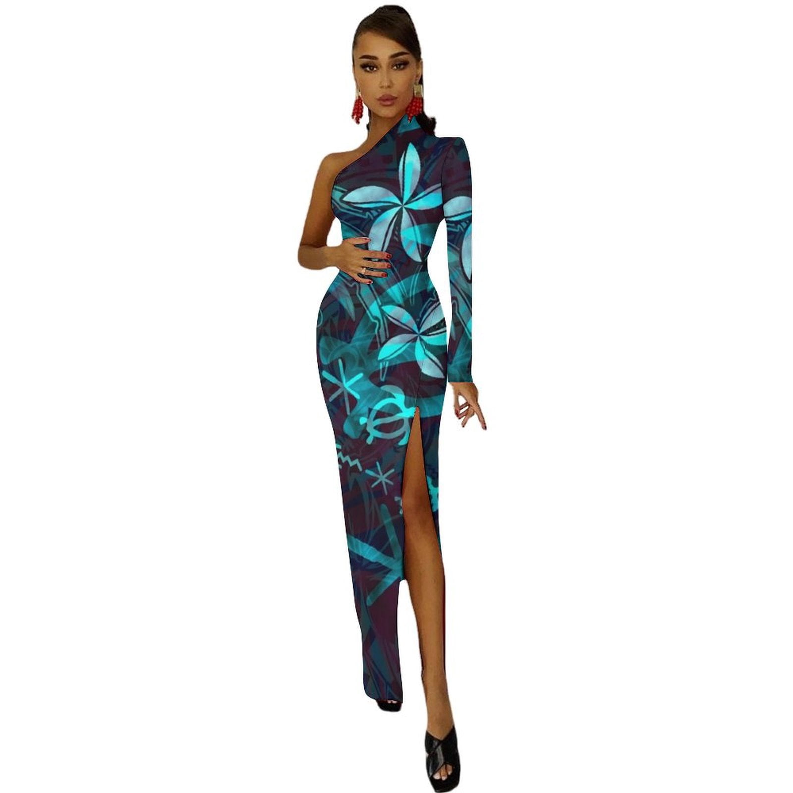 green emerald velvet dress Nalani Long Rayon Hawaiian Dress Maxi V-Neck Tea Length  Shaka Time Hawaii