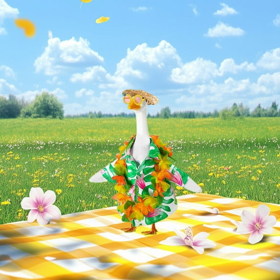 Hawaiian Porch Goose Outfits,Yard Goose Clothes Hawaiian Wreath with Straw Hat Glasses,4 Pcs/Set Summer Lawn Goose ,for 23" Statue Patio Garden Decoration