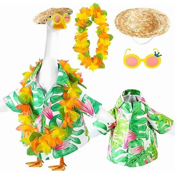 Hawaiian Porch Goose Outfits,Yard Goose Clothes Hawaiian Wreath with Straw Hat Glasses,4 Pcs/Set Summer Lawn Goose Costume,for 23" Statue Patio Garden Decoration (Green)