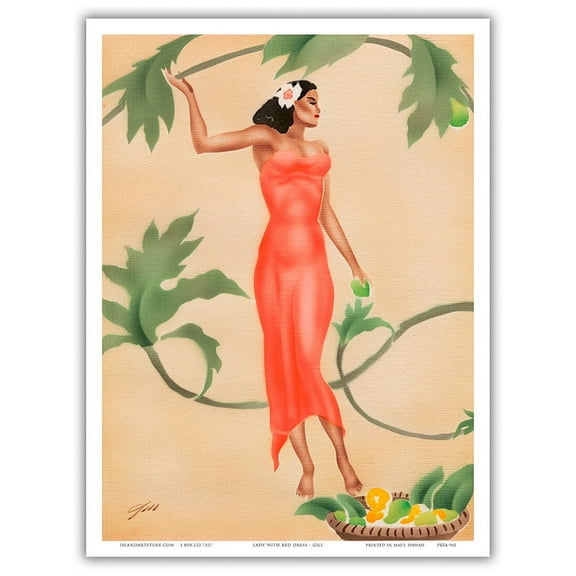 Hawaiian Pretty Lady (Wahine Uʻi) in Red Dress - Vintage Hawaiian Airbrush Art by Gill c.1930s - Master Art Print (Unframed) 9in x 12in