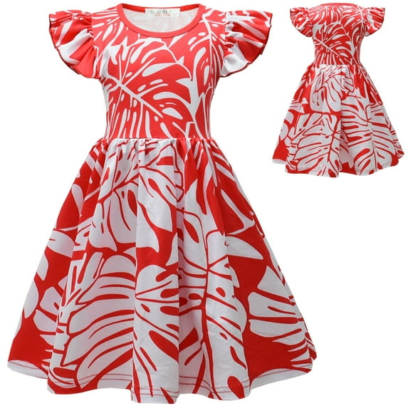 Hawaiian Princess Dress Costume for Girls Red Lilo Leaf Dress Kid Summer Party Wear