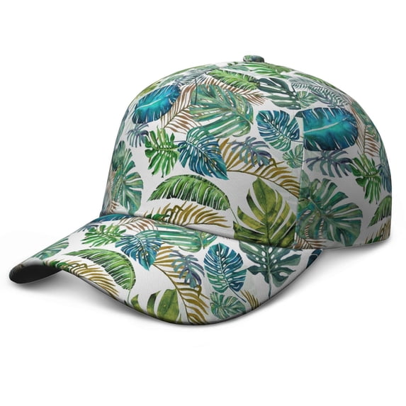 Hawaiian Print Baseball Cap, Washed Unstructured Dad Hat with Comfortable Fit, Tropical Floral and Botanical Jungle Leaves Design Adjustable Cap for Outdoor Activities