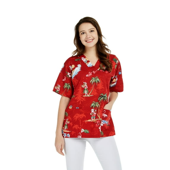 Hawaiian Print Cotton 2 Pockets Scrub Top in Christmas Santa in Hawaii Red