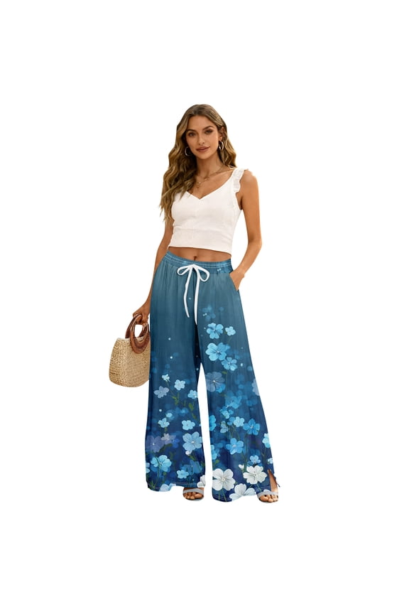 Hawaiian Print Palazzo Pants for Women Elastic High Waist Wide Leg Flowy Beach Trousers with Pockets Dark Blue M