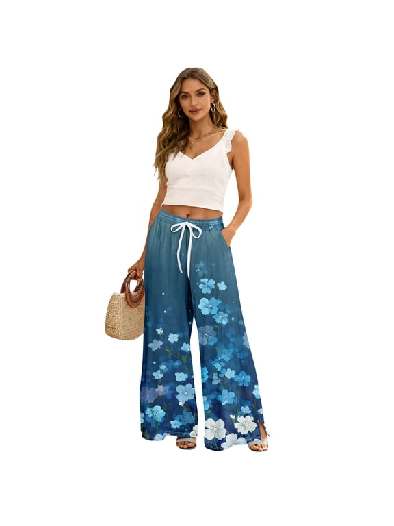 Hawaiian Print Palazzo Pants for Women Elastic High Waist Wide Leg Flowy Beach Trousers with Pockets Dark Blue XL