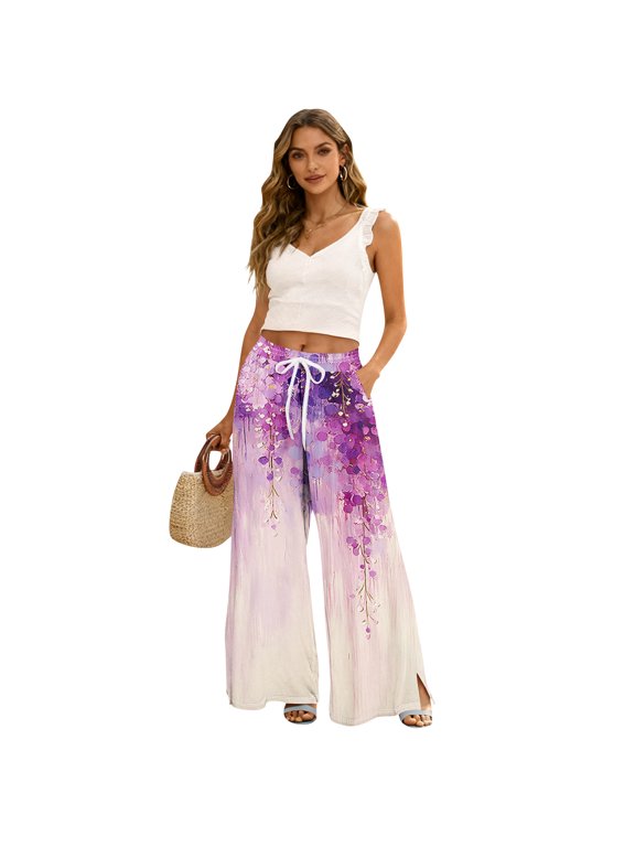 Hawaiian Print Palazzo Pants for Women Elastic High Waist Wide Leg Flowy Beach Trousers with Pockets Purple M