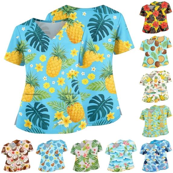 Hawaiian Print Scrub Top for Women, V-Neck Short Sleeve Medical Shirt with Side Slits & Pocket - Soft Stretchy Work Tunic Light Blue L