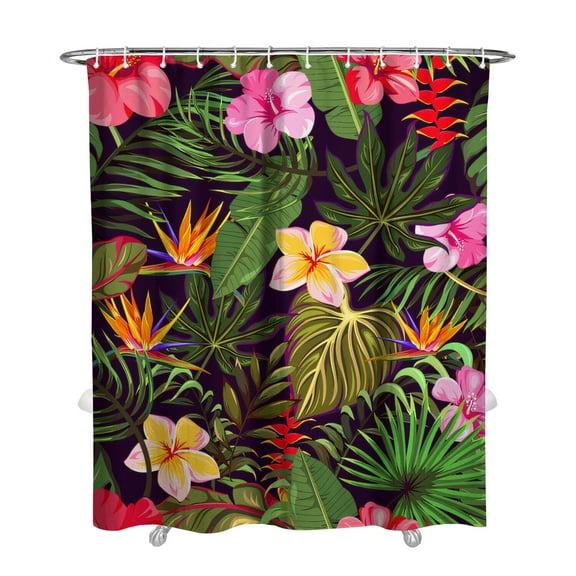 Hawaiian Print Shower Curtain, Exotic Floral and Jungle Leaves Pattern, Tropical Boho Beach Bathroom Fabric, Waterproof with Hooks, Vibrant and Machine Washable