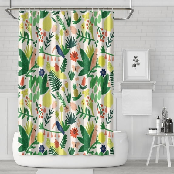 Hawaiian Print Tropical Floral Shower Curtain, Waterproof Fabric with Hooks, Machine Washable Boho Bathroom Shower Curtain for Beach, Resort, and Summer Decor