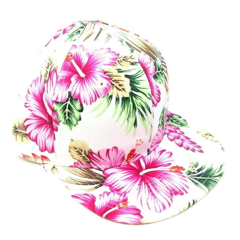 Hawaiian Print White Pink Hibiscus Floral Adjustable Snapback Hat