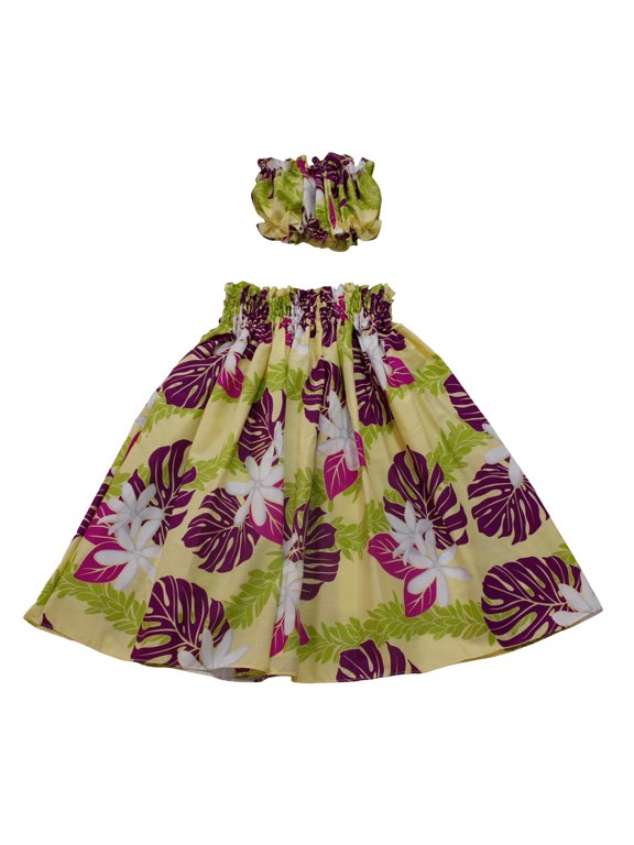 Hawaiian Print Young Girl Hula Skirts For 5 to 8 Years Old Girls Pa'u Hula White Flower Skirts with Matching Top Set