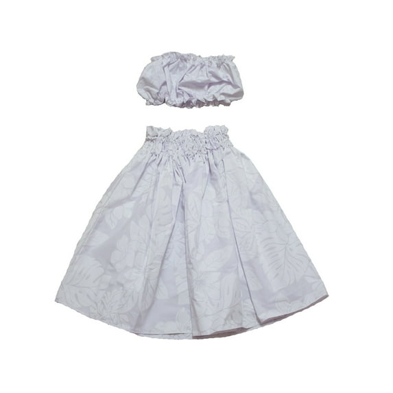 Hawaiian Print Young Girl Hula Skirts For 5 to 8 Years Old Girls Pa'u Hula White Flower on White Skirts with Matching Top