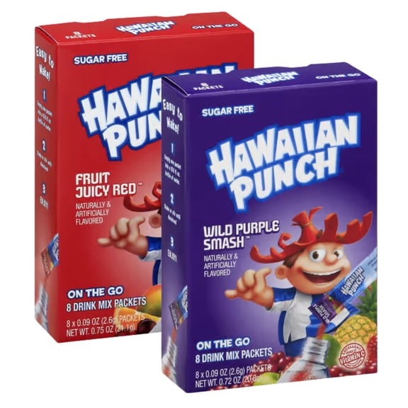 Hawaiian Punch Fruit Juicy Red and Wild Purple Smash On The Go Flavored Drink Mix Sugar Caffeine Free Delicious Water Enhancer Powdered Sticks Beverages 2 Boxes - 8 packets per Box - 16 Total Servings