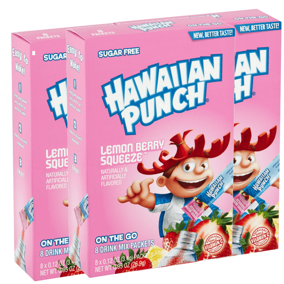 Hawaiian Punch Lemon Berry Squeeze On The Go Drink Mix Packets Sugar Free, 0.12 Oz, 8 count ( Pack Of 3)