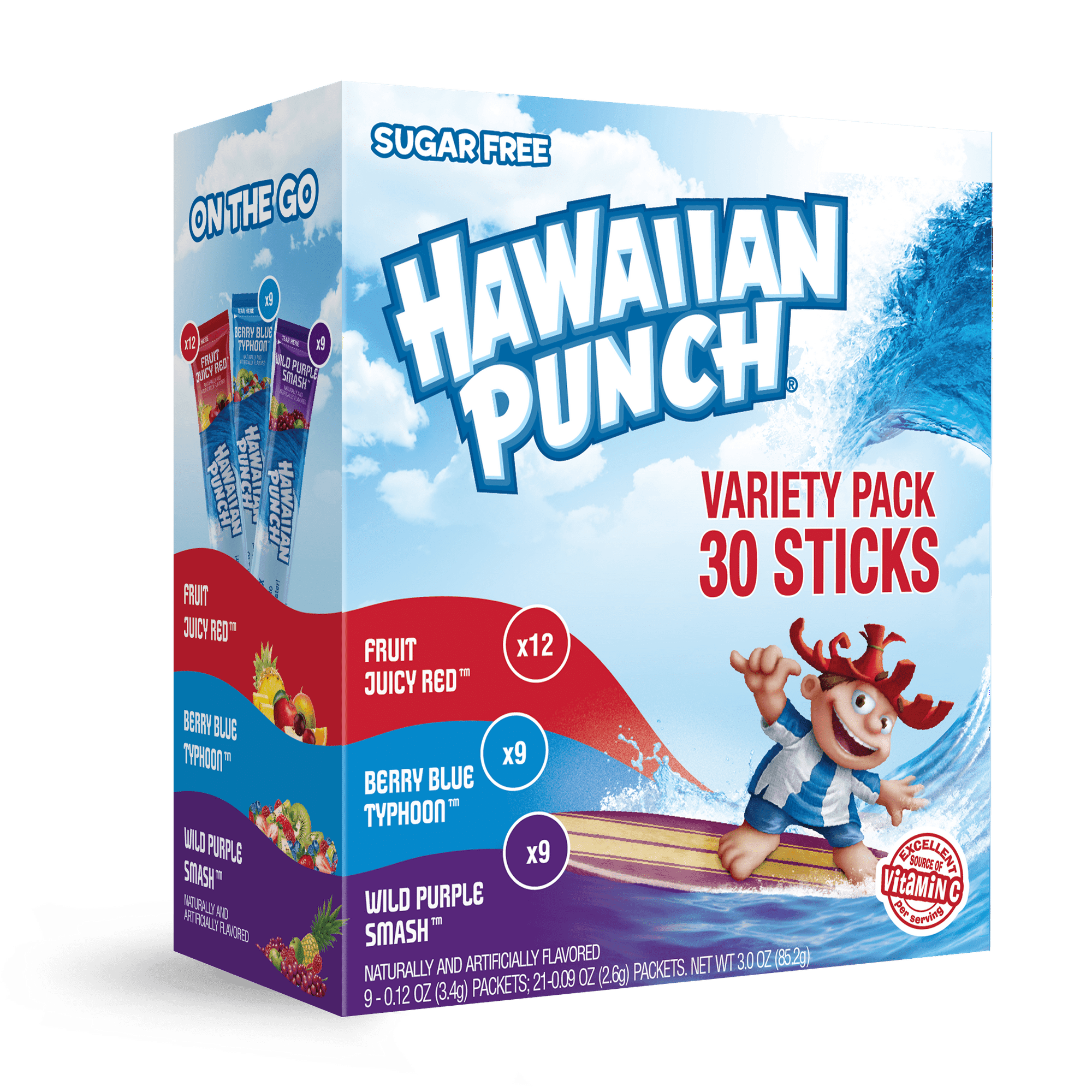 Hawaiian Punch Powder Drink Mix Variety Pack, Red, Blue, & Purple, Sugar-Free, 30 Count,1 pack.