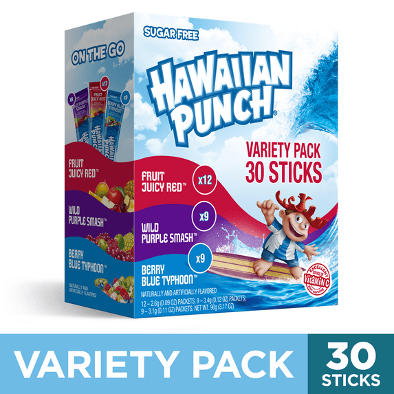 Hawaiian Punch Powder Drink Mix Variety Pack, Red, Blue, & Purple, Sugar-Free, 30 Count