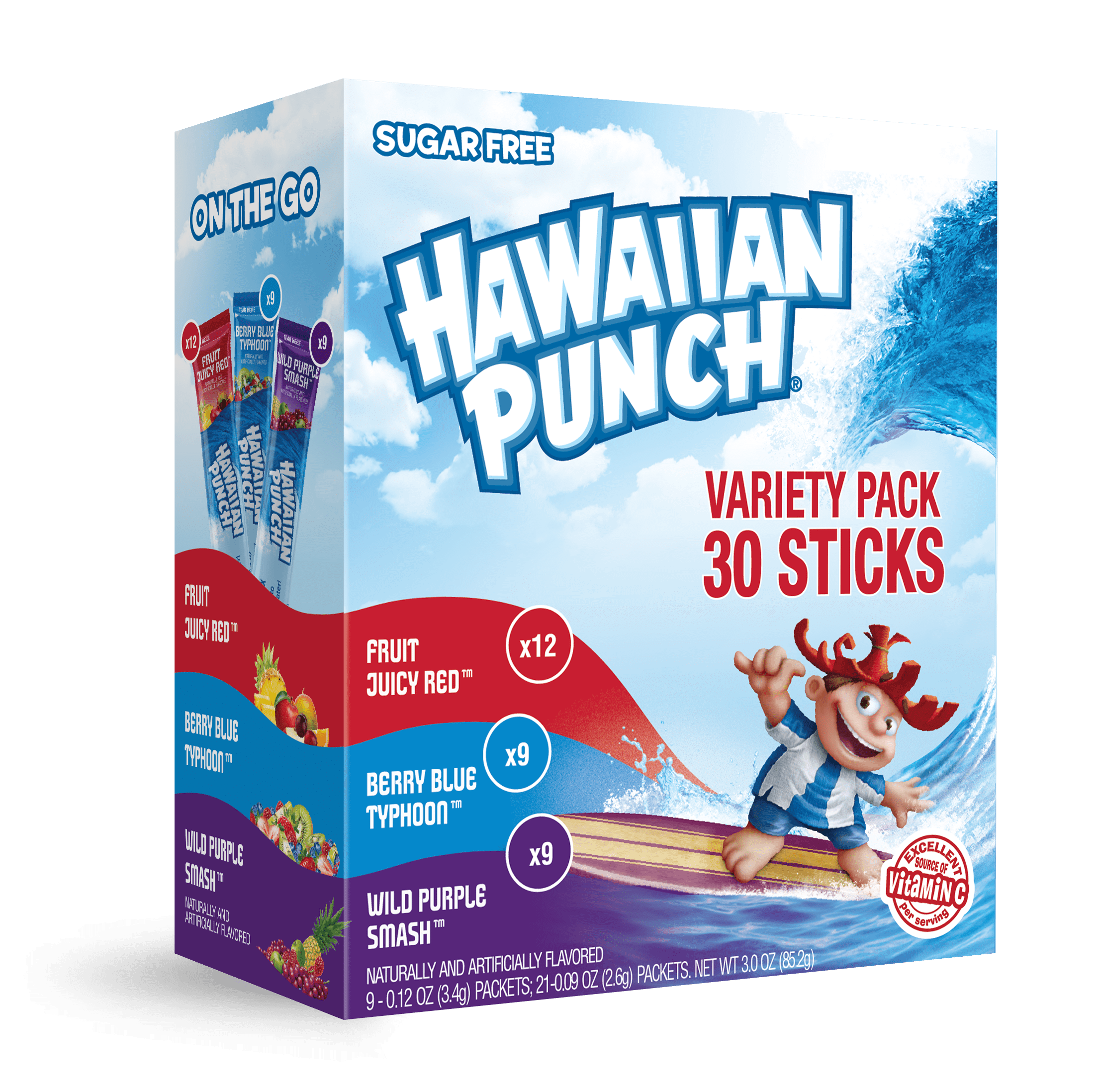 Hawaiian Punch Powder Drink Mix Variety Pack, Red, Blue, & Purple, Sugar-Free, 30 Count