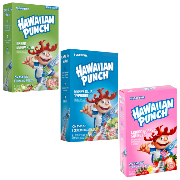 Hawaiian Punch Singles On The Go Flavored Drink Mix Sugar Caffeine Free Non-Carbonated Delicious Water Enhancer Powdered Sticks Beverages 3 Boxes - 8 packets per Box - 24 Total Servings