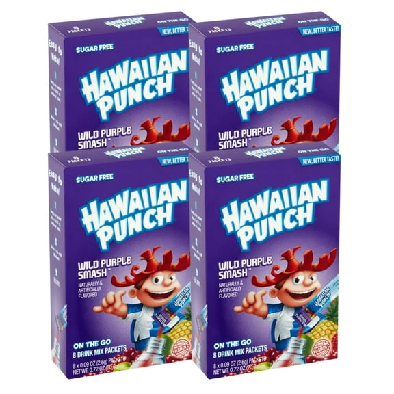 Hawaiian Punch  Singles To Go Powder Drink Mix, Wild Purple Smash Flavored Drinks  Low-Calorie & Delicious Fruity Taste Water Enhancer Quick & Convenient Water Beverages (4 Boxes- 32 Total Servings)
