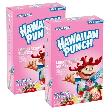 Hawaiian Punch Singles To Go Powder Drink Mix Zero Sugar, Low-Calorie Lemon Berry Squeeze Fruity Flavored On The Go Water Enhancer Mix Packets for Lunch Picnics Outdoor Beverages 2 Boxes (16 Servings)
