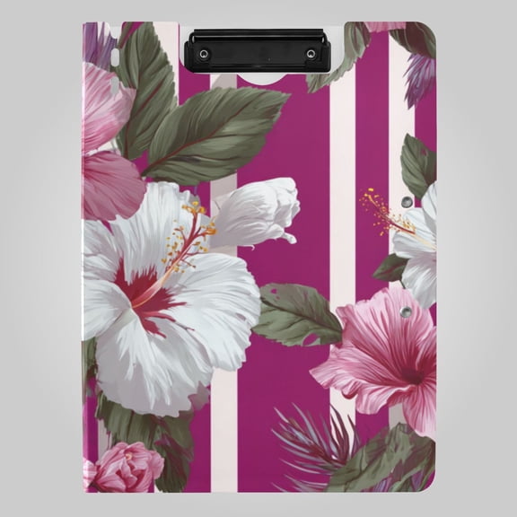 Hawaiian Purple White Stripes Flowers Foldable Binder Folder Clipboard with Pen Slot Double Clips A4 Size File Storage