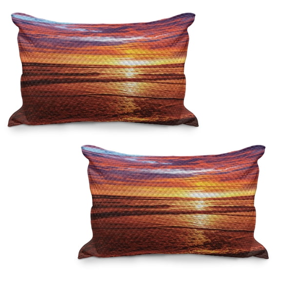 Hawaiian Quilted Pillowcover Set of 2, Dramatic Picture of Sunset over Beach Sun Rays Reflection on Sea Evening View, Standard Queen Size Pillow Cover Bedroom, 36" x 20", Yellow Orange, by Ambesonne