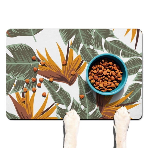 Hawaiian Retro Pet Food Mat - Palm Inspired Dog Bowl Mat - 4-Layer Absorption - Non-Slip Bottom - Colorful Exotic Print - Quick Dry & Washable - 12x19 Inches