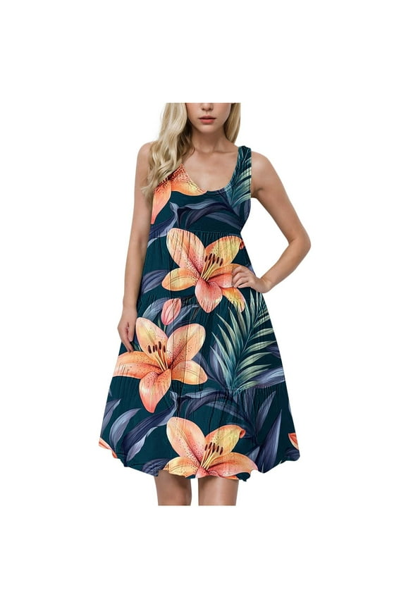 Hawaiian Ruched Tropical Beach Happy Gift Easter Going Out for Juniors Fall Summer Sleeveless Crew Neck Floral Graphic Long Slimming Tunic Dresses Women 2026