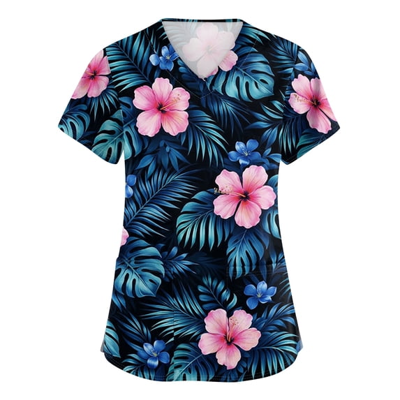 Hawaiian Scrub Tops for Woman Plus Size Stretch V-Neck Short Sleeve Nursing Scrub Shirts Breathable Lightweight Medical Uniform Dark Blue M