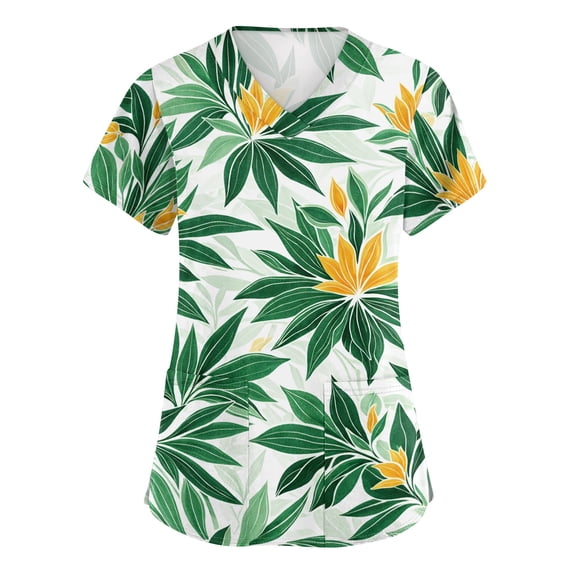 Hawaiian Scrub Tops for Woman Plus Size Stretch V-Neck Short Sleeve Nursing Scrub Shirts Breathable Lightweight Medical Uniform Green XL